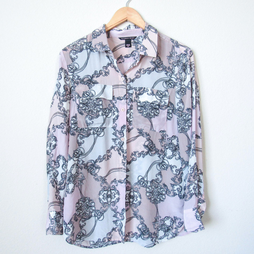 100% Silk Brocade Print Button Up Blouse SIZE S